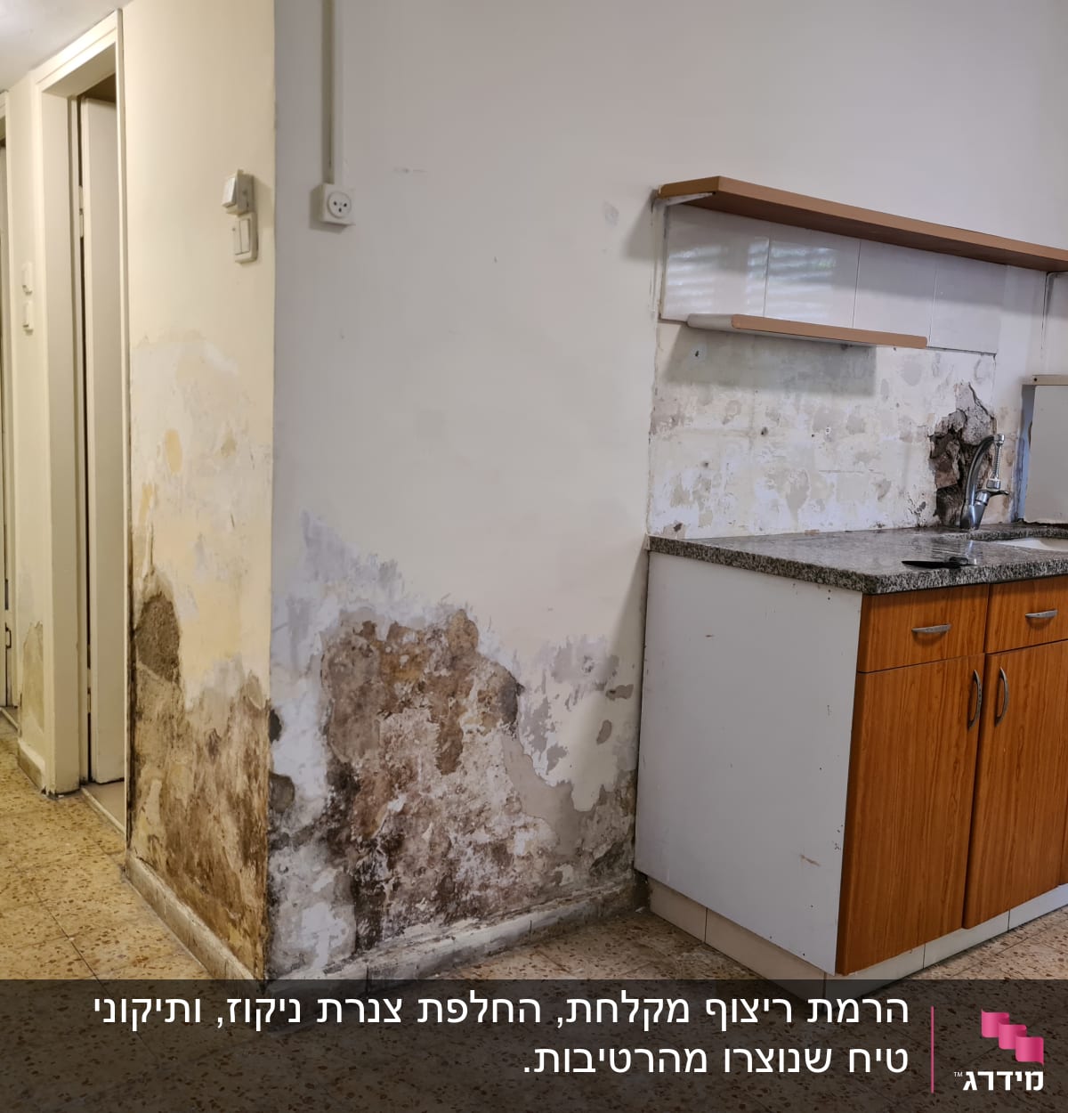 קיר עם רטיבות ועובש ליד כיור מטבח